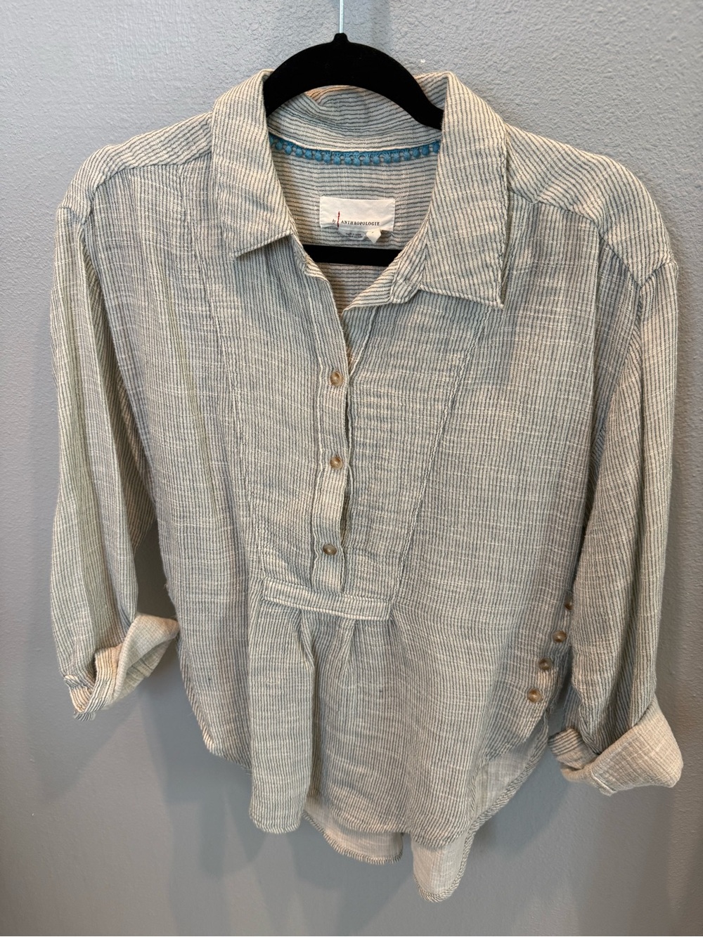 Anthropologie Light Gray Striped Button-Up Tunic